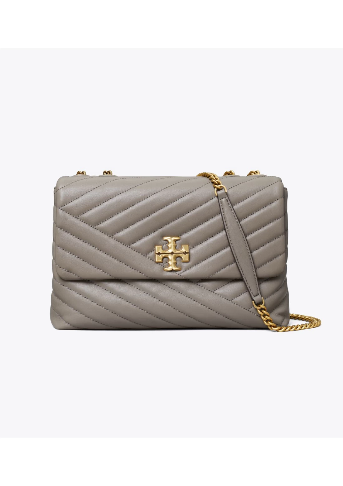 WOMAN TORY BURCH GREY LEATHER KIRA CHEVRON CONVERTIBLE SHOULDER BAG